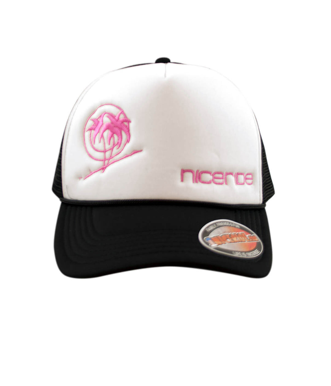 Spring Break Foam Trucker hat with NICERIDE's Stenciled Palm Logo and embroidered Bold Logo in pink.