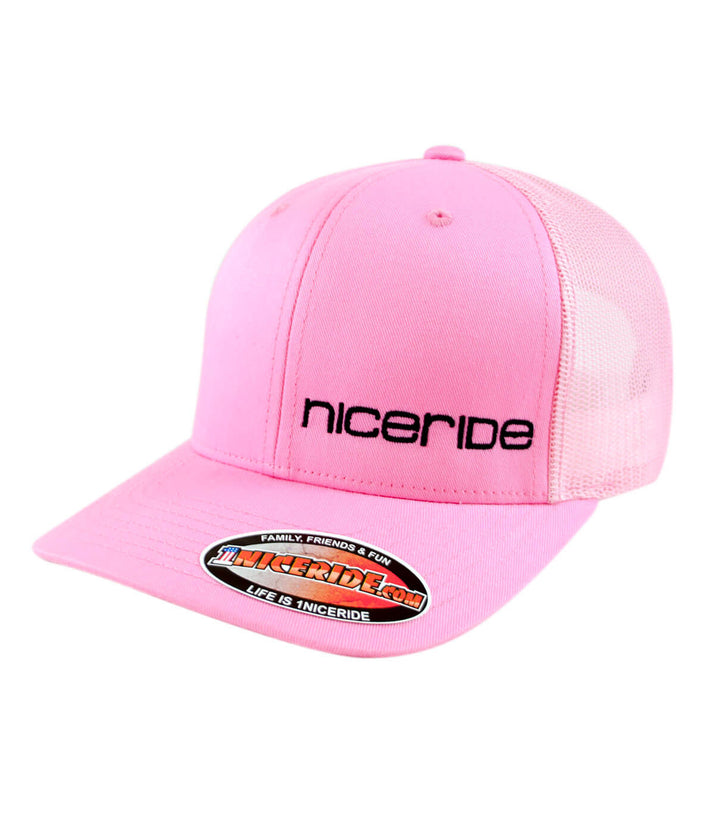 Pink retro trucker hat with NICERIDE logo, classic design, perfect for casual wear and outdoor activities, featuring a baseball cap style.