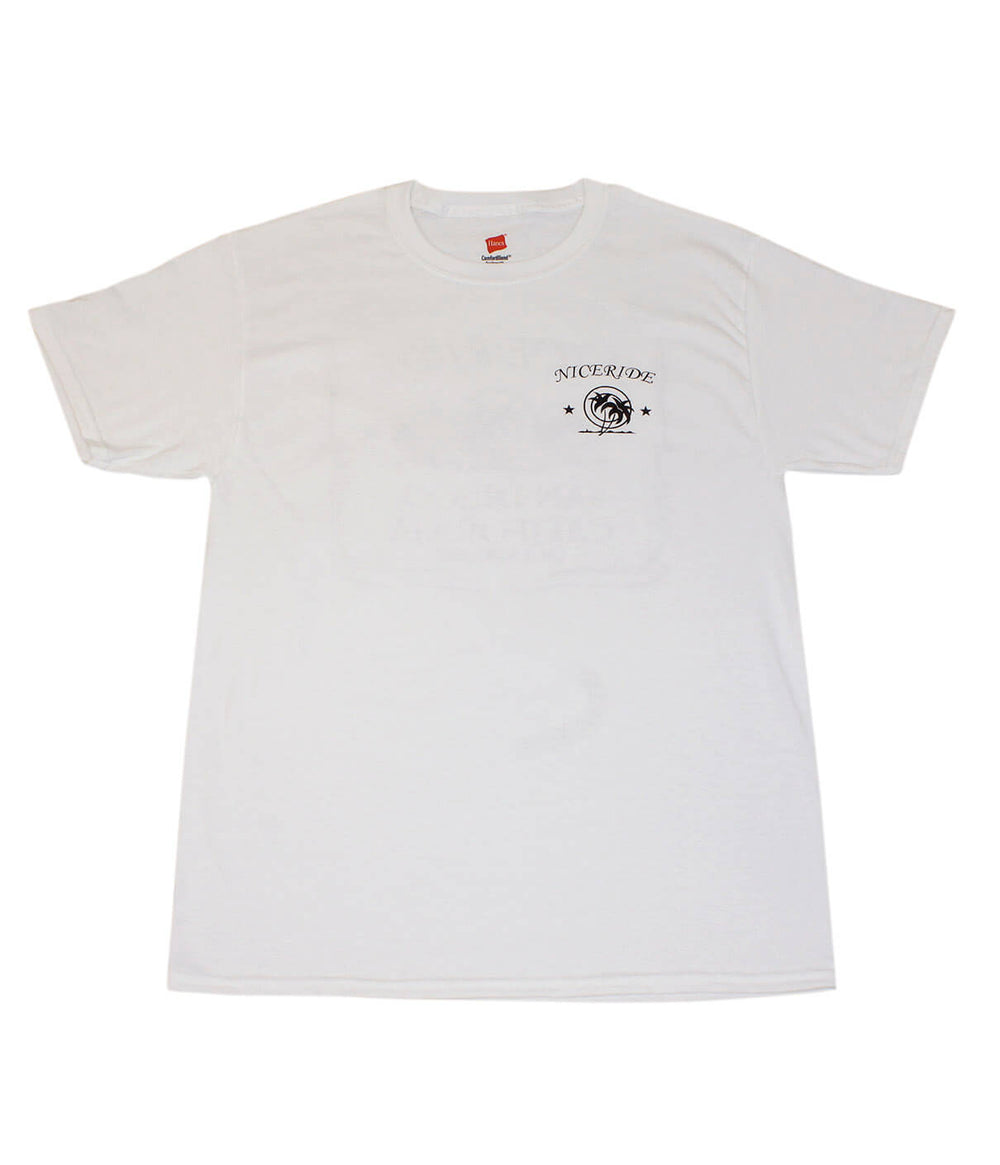 Hanes men's white short sleeve t-shirt with NICERIDE logo, perfect for indoor and outdoor activities.