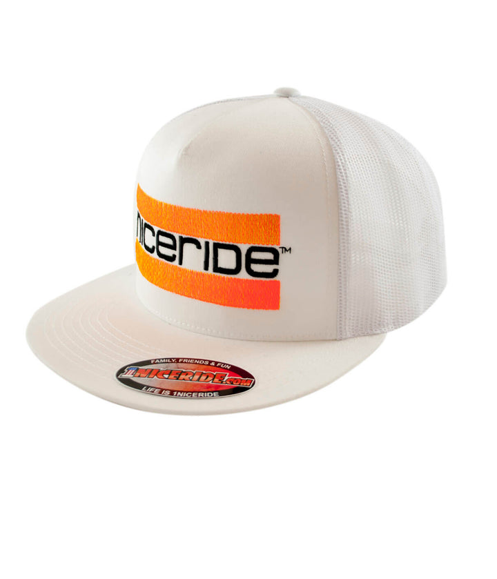Cali Life - Orange hat, Classic Snapback Trucker Hat with NICERIDE design embroidered on front panel.
