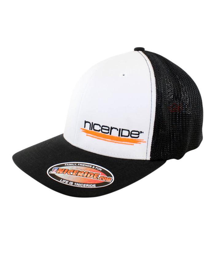 Sunrise Meshback Flexfit Hat featuring NICERIDE design and classic palm logo, perfect for outdoor adventures.