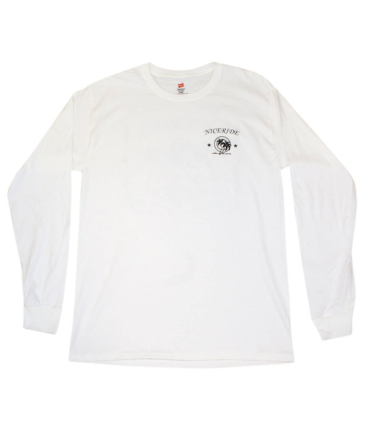 The Good Life shirt from Hanes, long sleeve white cotton with NICERIDE design on chest, ideal for various occasions.