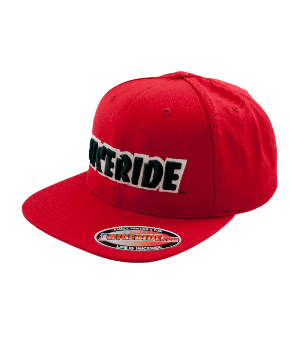Red classic snapback hat featuring NICERIDE's "Bold" logo, designed and made in the USA.