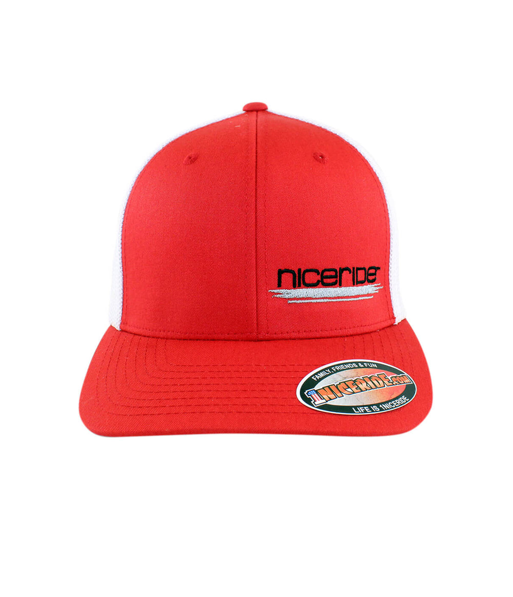 Sunrise Meshback Flexfit Hat by NICERIDE in vibrant red with embroidered logo on front and side.
