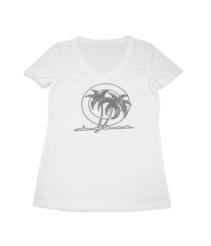 Palm Springs white v-neck shirt featuring rhinestone stenciled palm logo, 100% cotton, soft and comfortable.