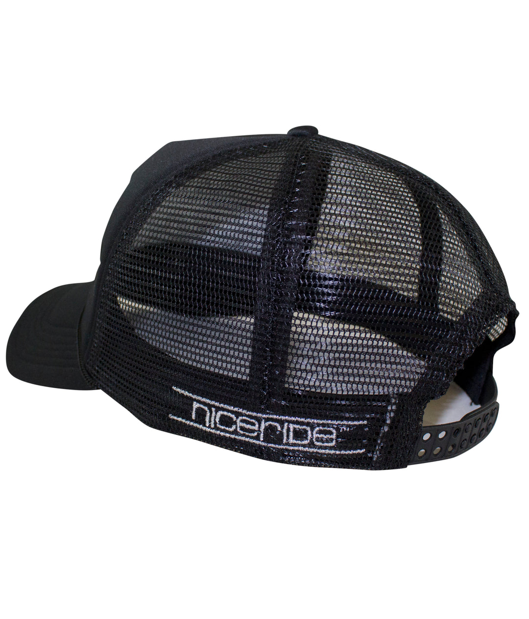 Back view of a foam trucker cap with NICERIDE embroidered on the side, showcasing its mesh design.
