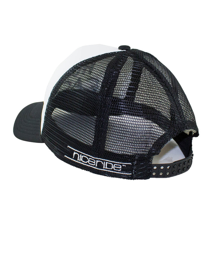 Back view of the Hot Beach Foam Trucker Cap with NICERIDE embroidery and mesh design, a perfect hat for summer outings.