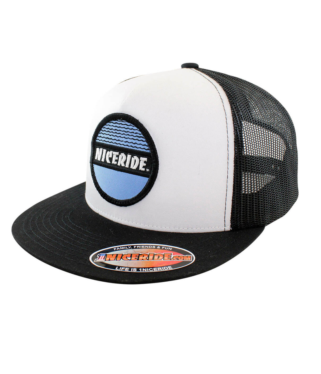 Tuna Can unisex style trucker hat with NICERIDE patch embroidered on front, featuring a mesh back and snap closure.