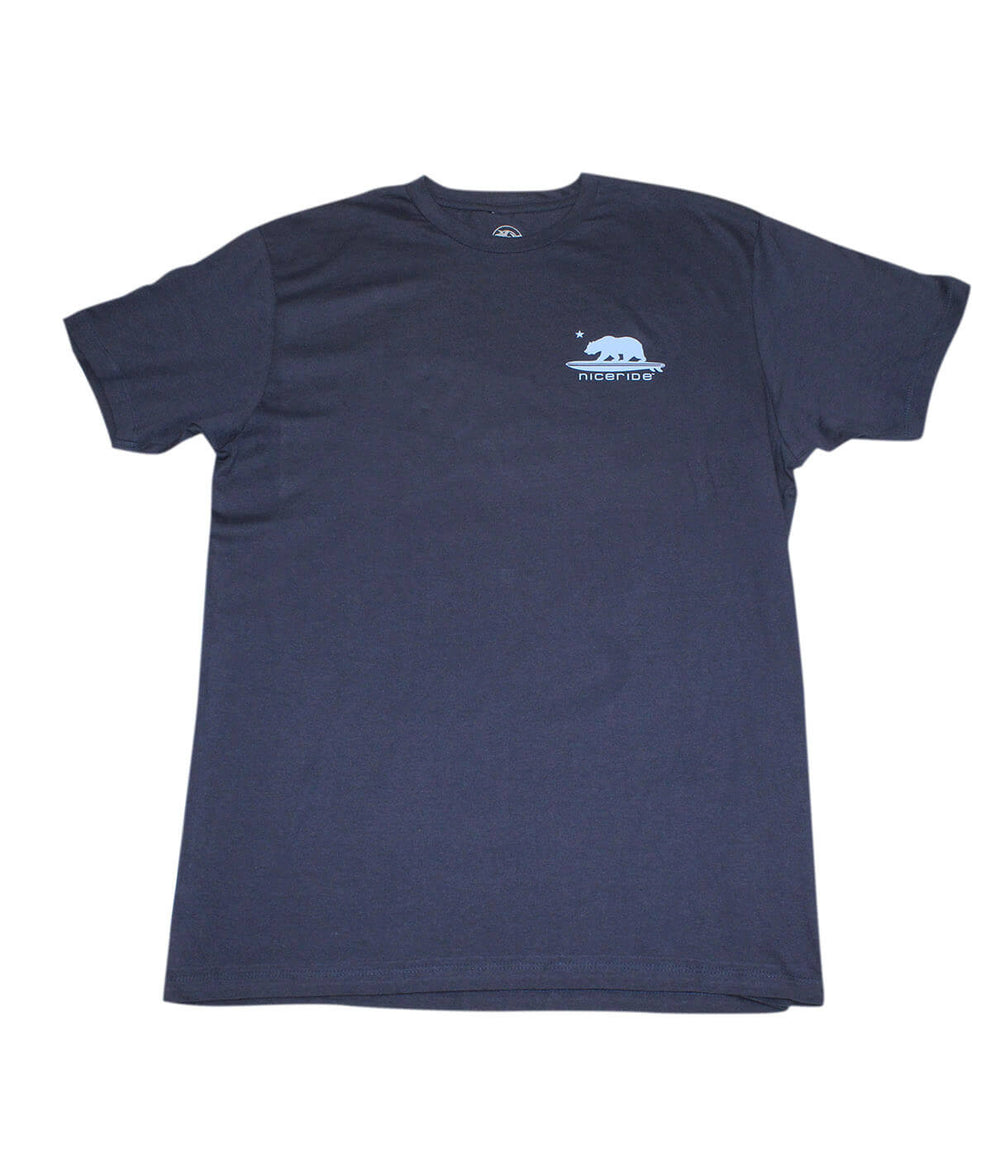 Men's quality cotton short sleeve t-shirt in navy featuring a surfing bear design on the chest, perfect for indoor/outdoor use.