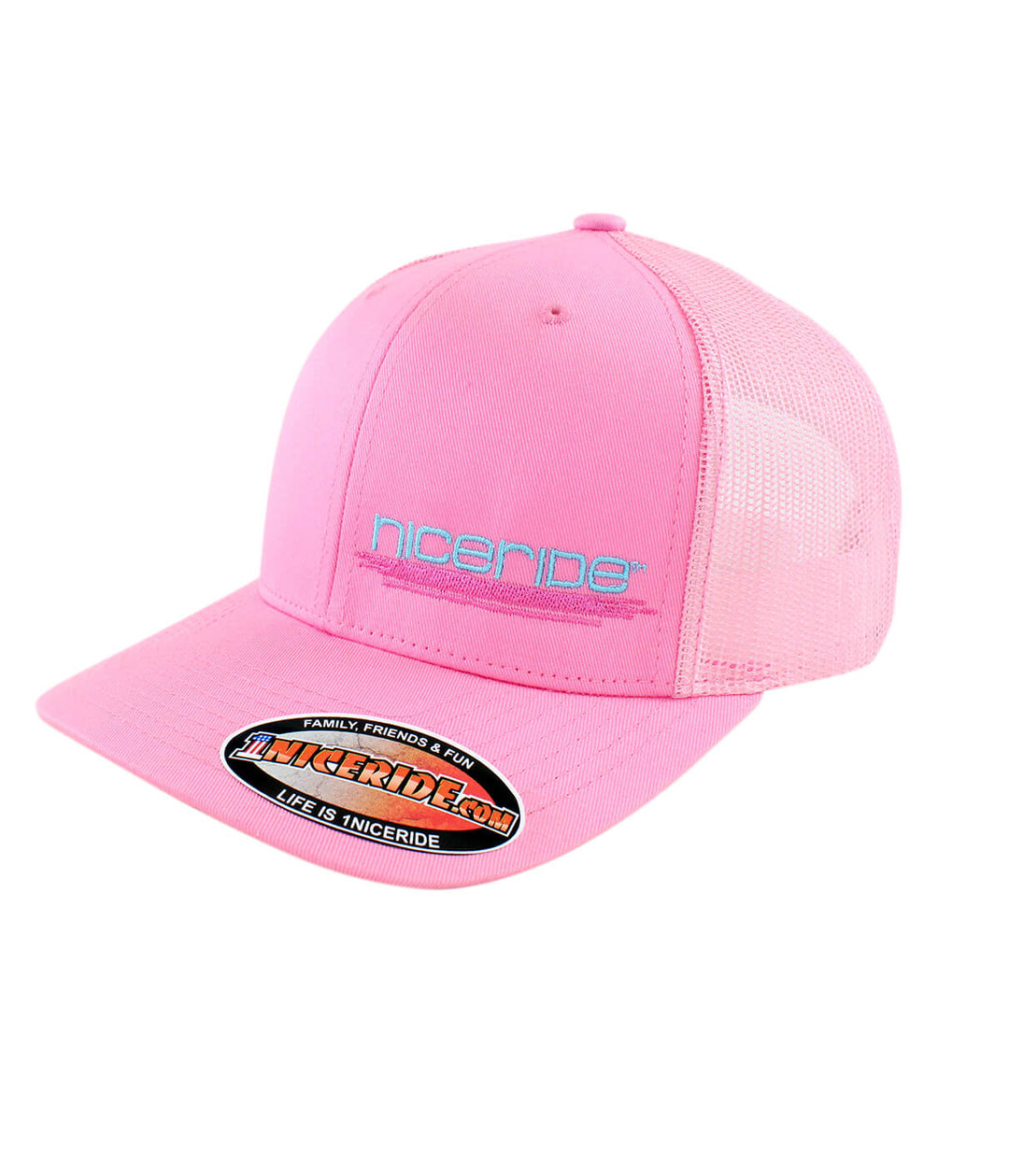 Pink Retro Trucker Hat from NICERIDE, perfect for sunny days, featuring simple branding, ideal for hat lovers.