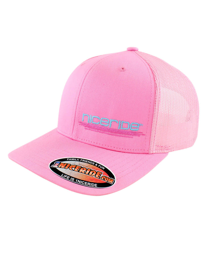 Pink Retro Trucker Hat from NICERIDE, perfect for sunny days, featuring simple branding, ideal for hat lovers.