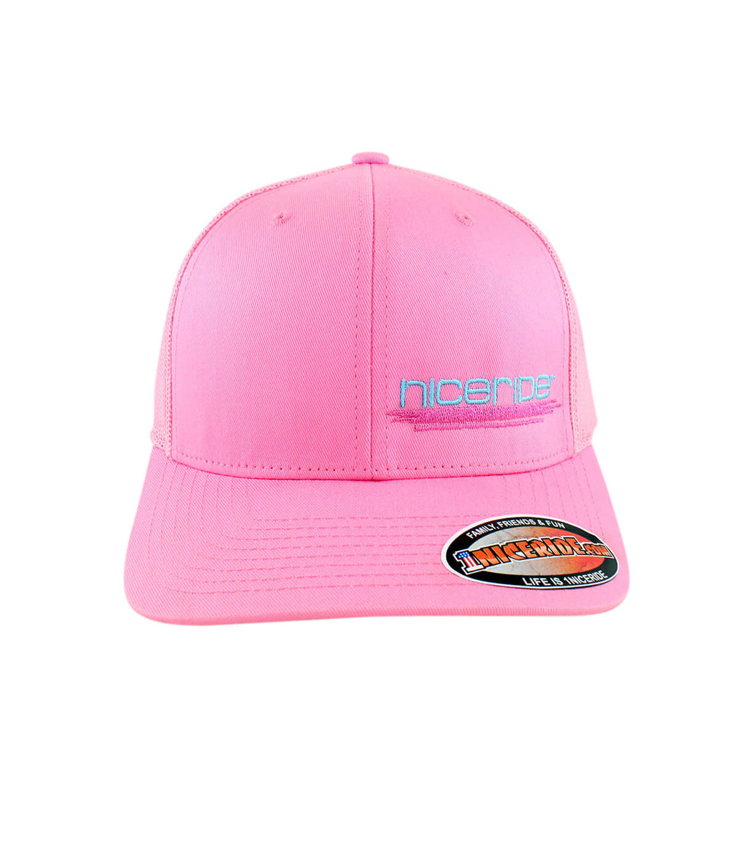 Pink NICERIDE cap, a stylish hat with embroidered logo, perfect for trendy outdoor activities.