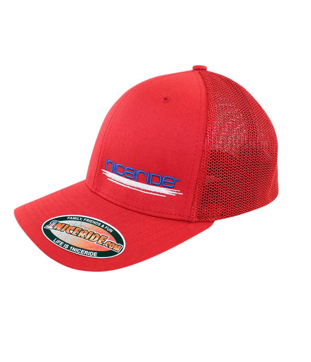 Sunrise Meshback Flexfit Hat featuring NICERIDE design in red with mesh back for comfort and style.