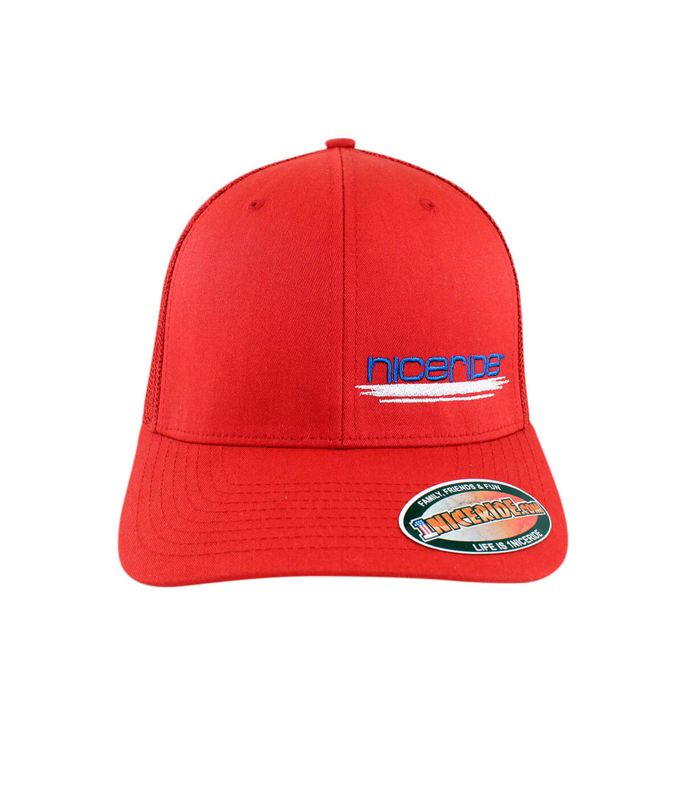Red hat featuring NICERIDE's logo on the front, part of the 'Sunrise' Classic Flexfit Hat. Perfect for outdoor activities.