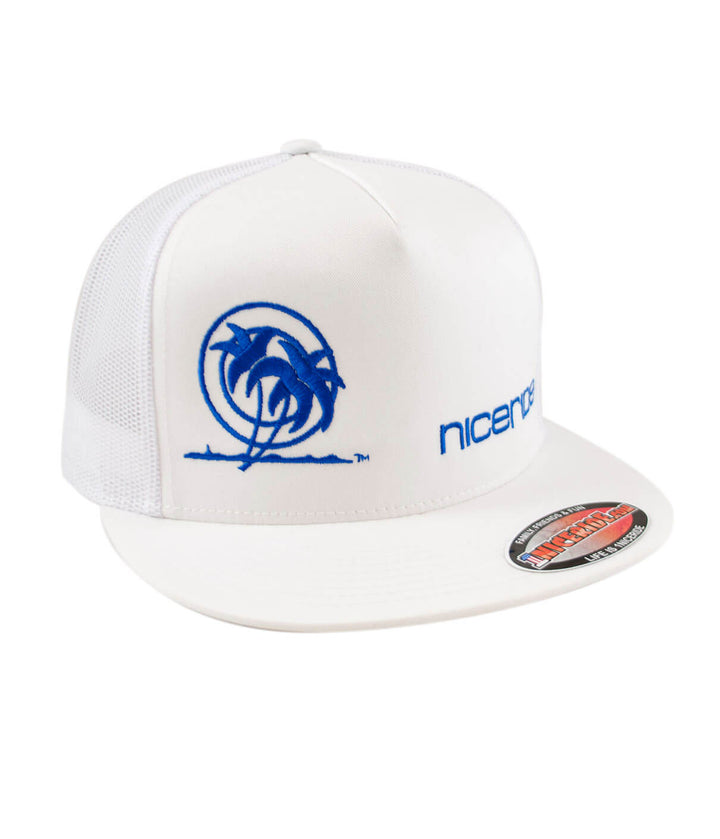 Palm Tower Trucker Hat featuring NICERIDE embroidered logo in blue on a white snapback hat.