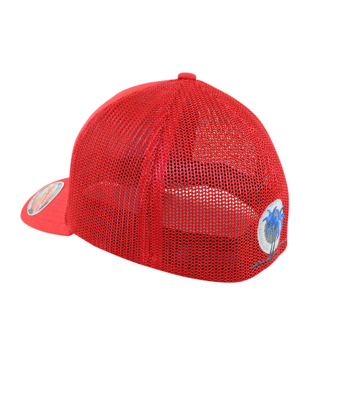 Rear view of the red "Sunrise" Meshback Flexfit Hat with palm logo and mesh design.