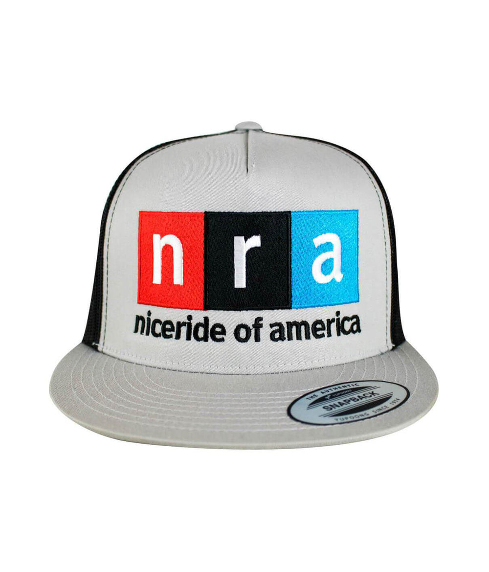 Boaring Trucker Hat with embroidered 'nra niceride of america' design, classic snapback style, perfect hat for casual wear.