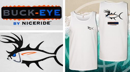 Buck-Eye tank top by NICERIDE featuring logo and fish design, perfect for casual wear and workouts.
