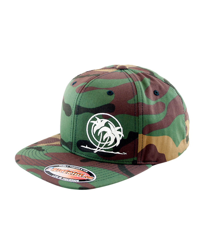 Classic Stencil Palm snapback hat in camouflage design with embroidered logo on front panel.