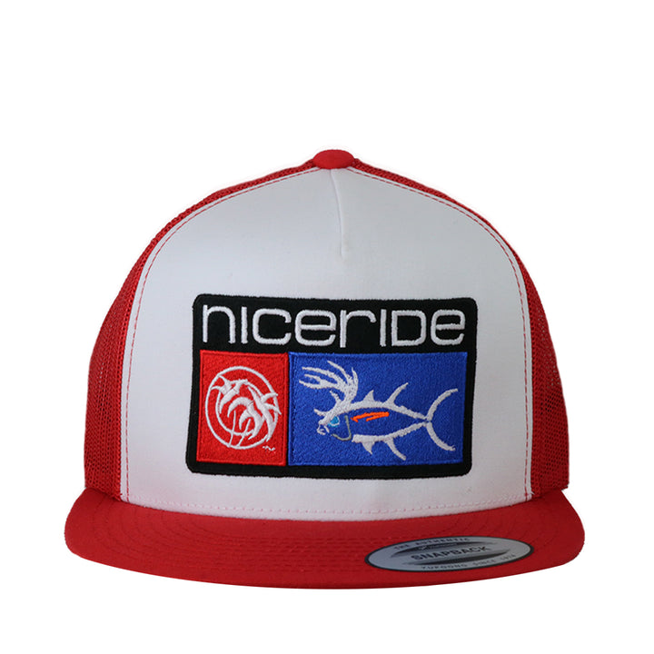 NICERIDE unisex red and white snapback trucker hat with logo, perfect for outdoor adventures and casual wear.