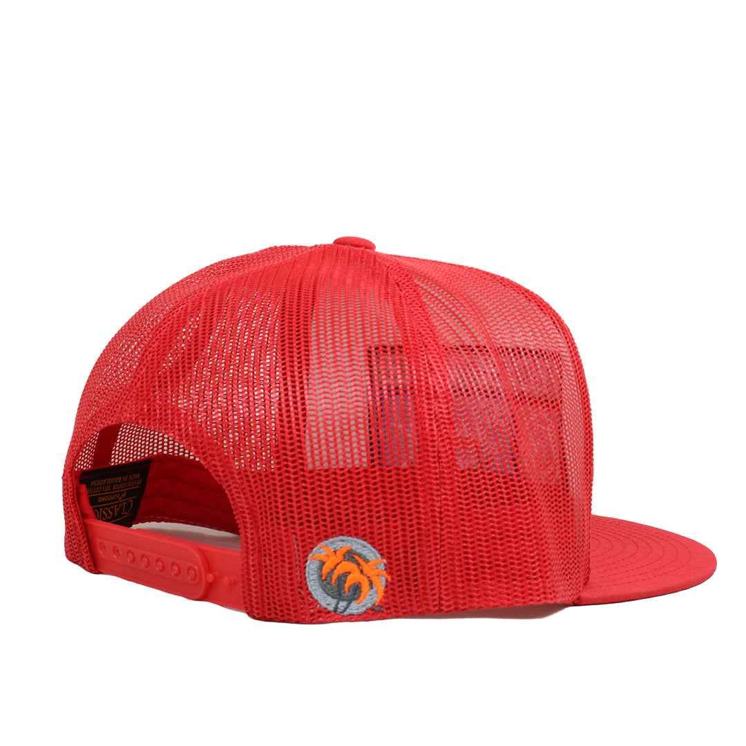Red mesh snapback hat with embroidered logo and adjustable strap, ideal for casual outdoor wear.