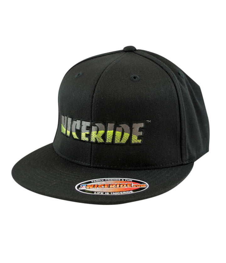 Tornado 210 Fitted Hat featuring NICERIDE logo, black flexfit design, perfect for stylish headwear.