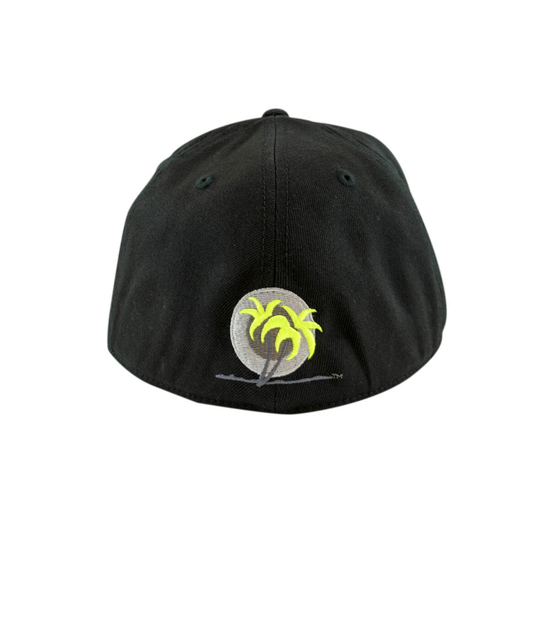 Back view of a black fitted hat featuring palm logo embroidered in yellow and gray.