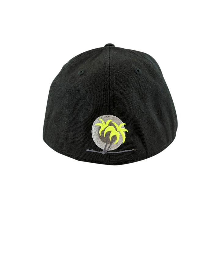 Back view of a black fitted hat featuring palm logo embroidered in yellow and gray.