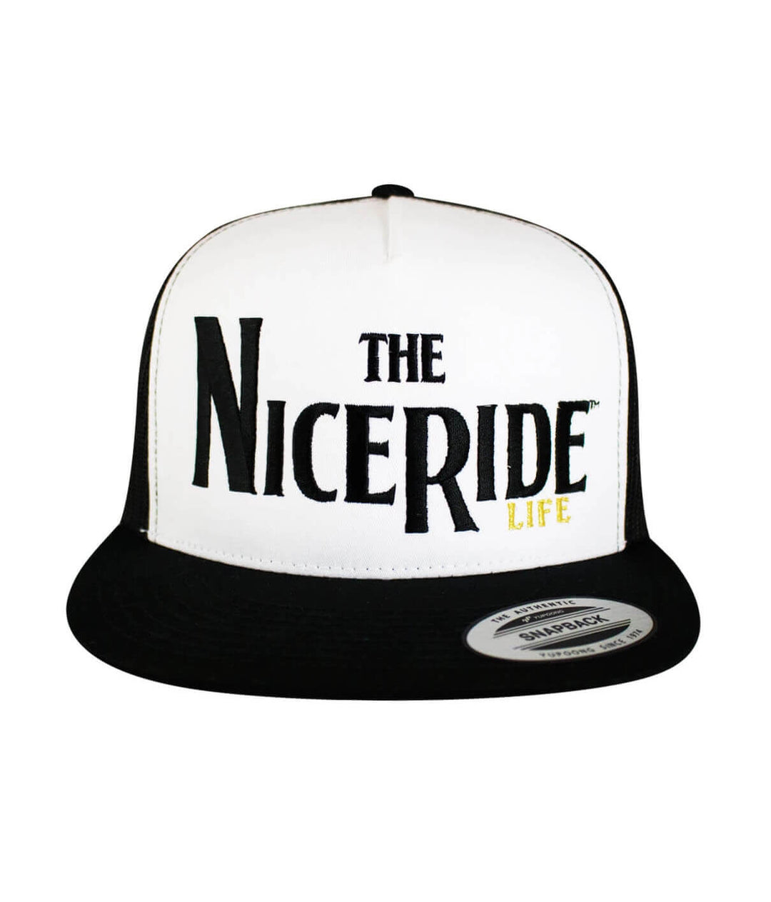 Godfather Trucker Hat by NICERIDE, embroidered design, classic snapback style hat, black and white color