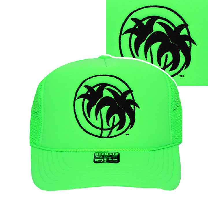 Hot Foam hat featuring a vibrant green design and black embroidered palm tree logo on the front.