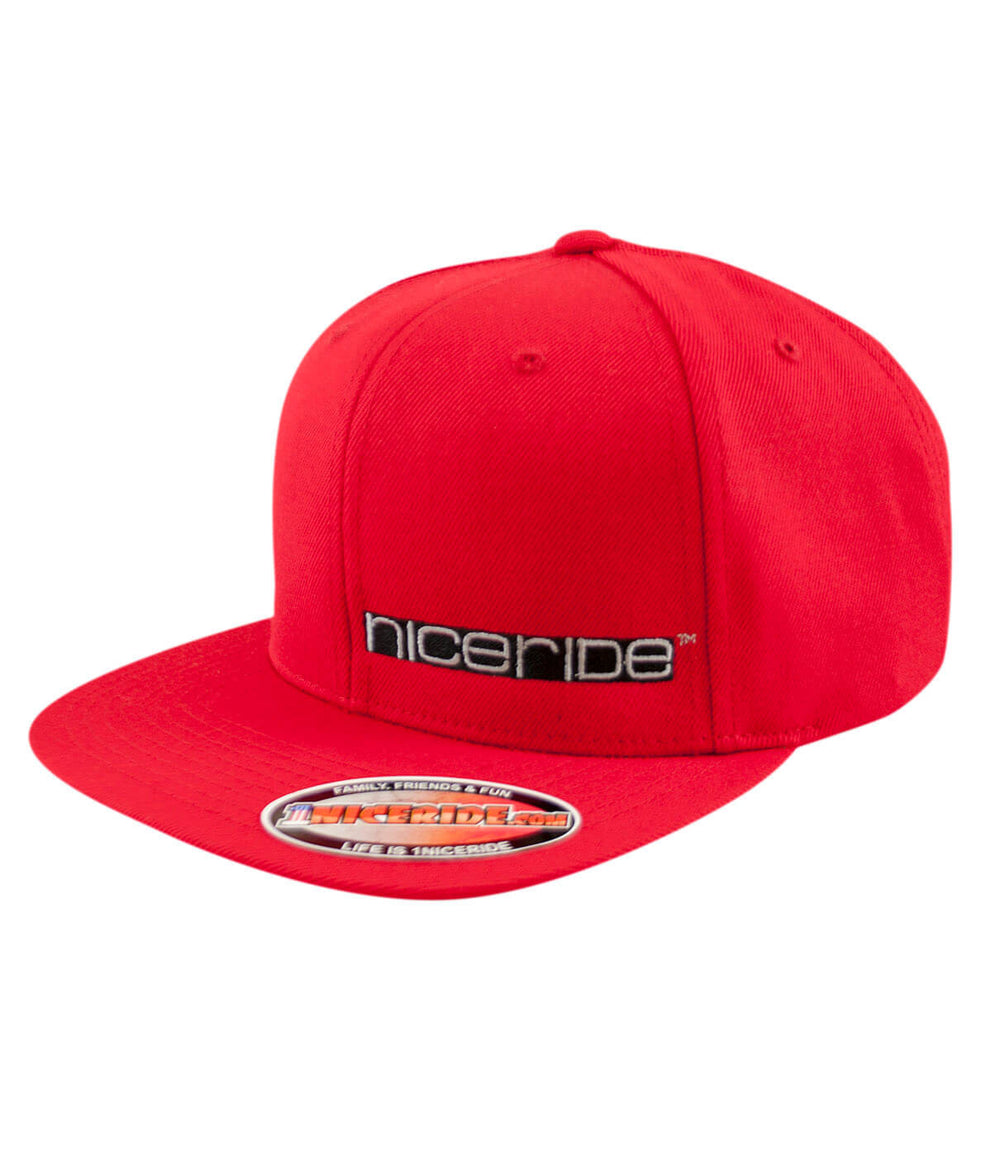 Red snapback hat featuring NICERIDE's "Block Tower" logo embroidered on the front left panel.