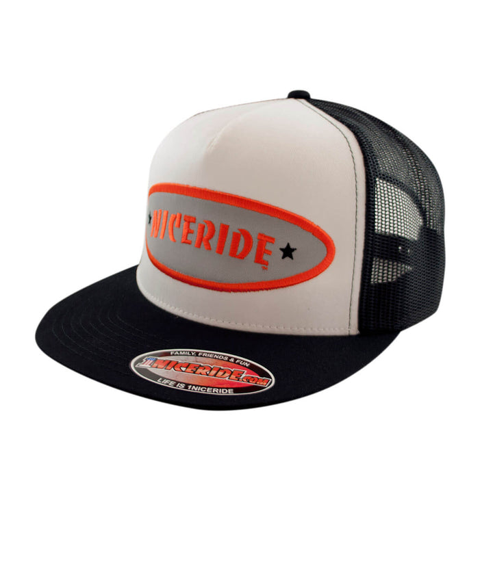 NICERIDE Shield Trucker Cap, a stylish hat with embroidered logo, perfect for trendy outfits.