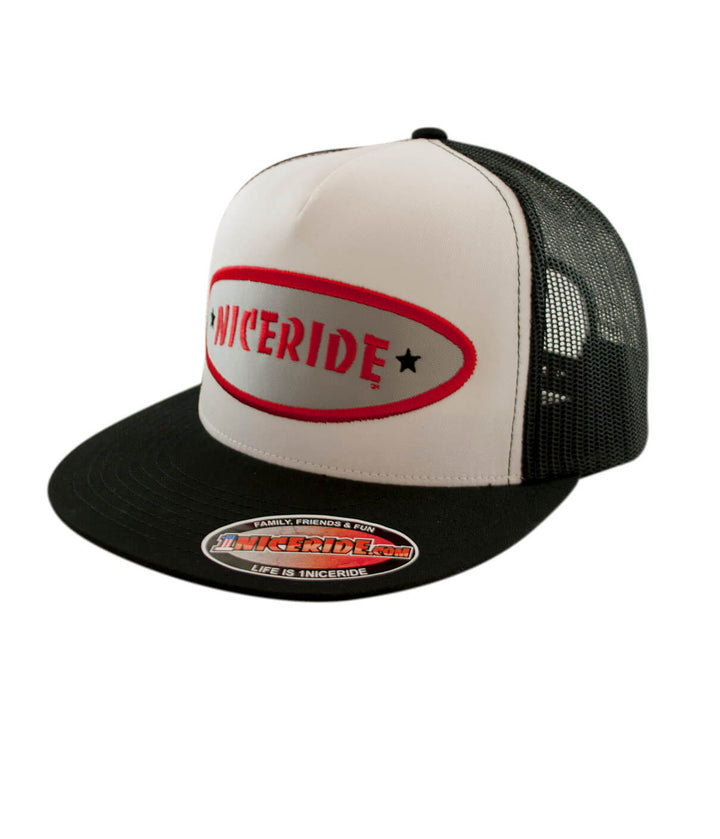 Shield Trucker Cap, a classic snapback hat with NICERIDE patch, designed and made in the USA.