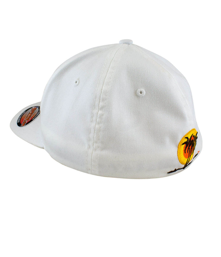 Back view of the "Sunrise" Classic Flexfit Hat featuring palm logo and vibrant sunset design.