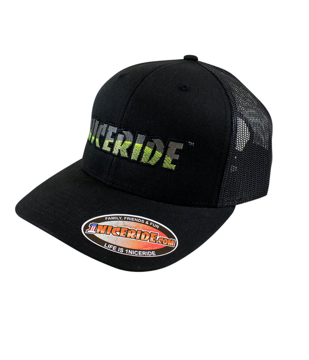 Tornado Retro Trucker Hat with NICERIDE logo embroidered on front, classic black design, adjustable fit, perfect summer hat.