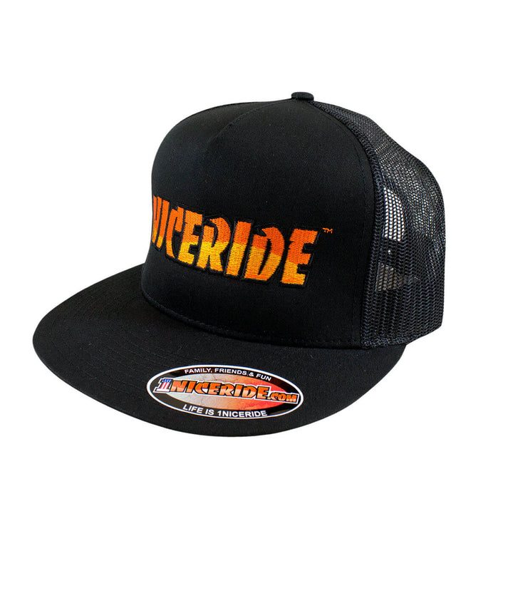 Black NICERIDE "Tornado" Trucker Hat featuring embroidered logo and snapback design, perfect for casual wear.