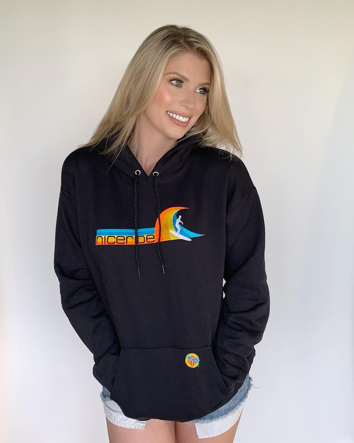 Black unisex pullover hoodie featuring NICERIDE&