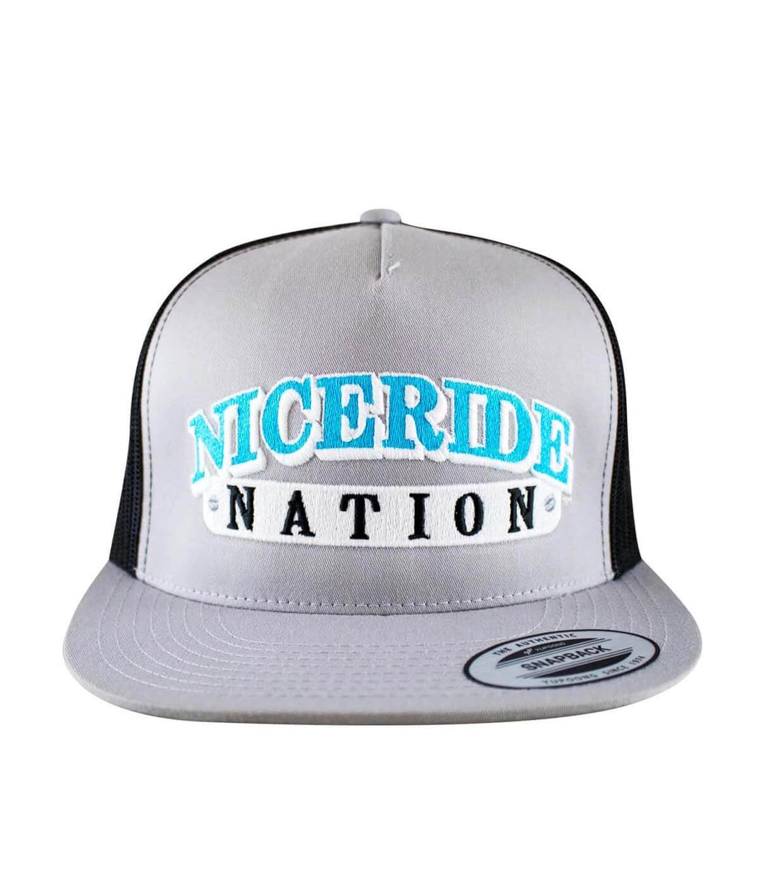 The Junction Trucker Hat, NICERIDE design, snapback style with Evening Glow Stitching, focus on hat.