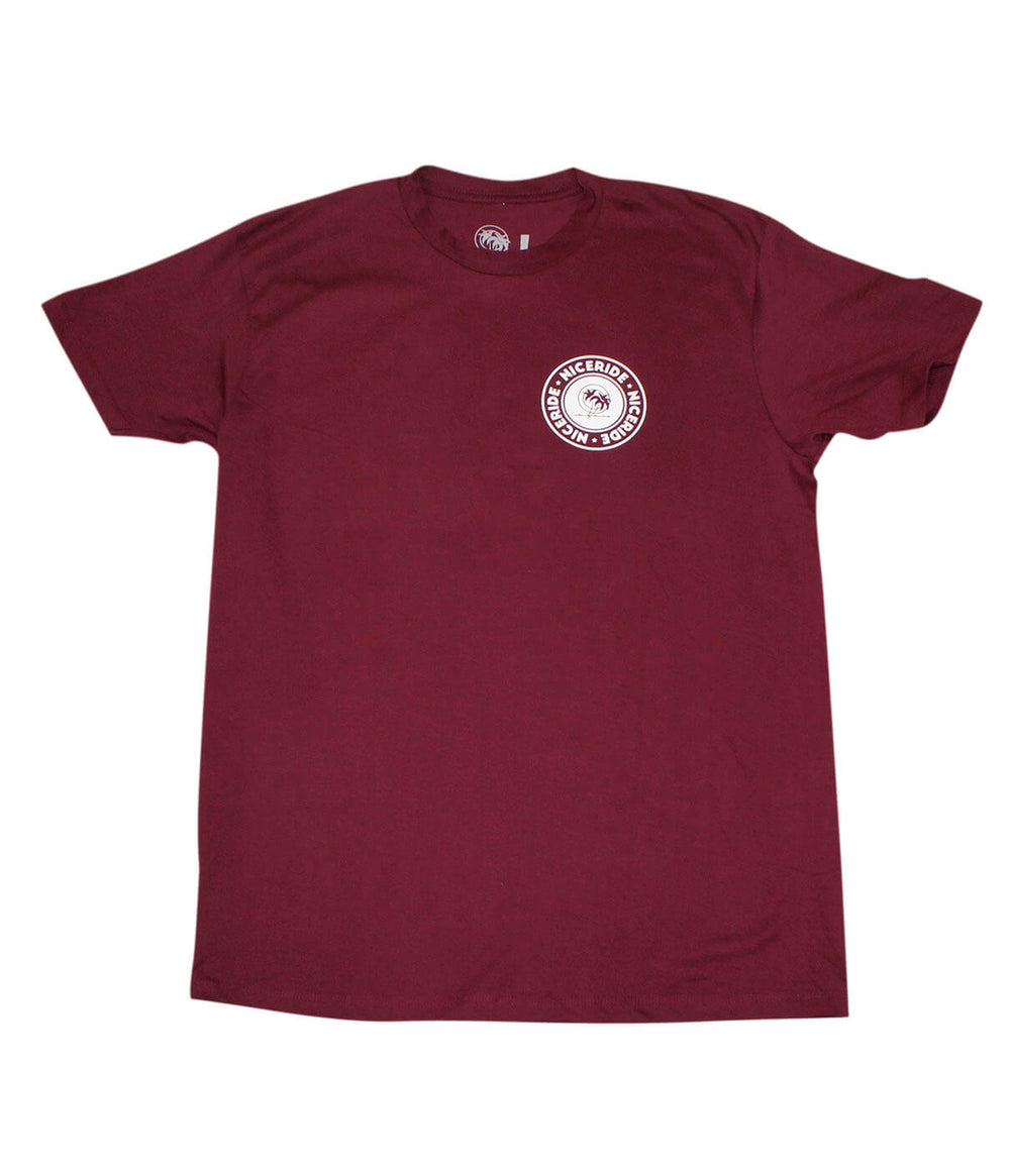Solid men's 100% cotton short sleeve shirt in maroon with logo on chest.