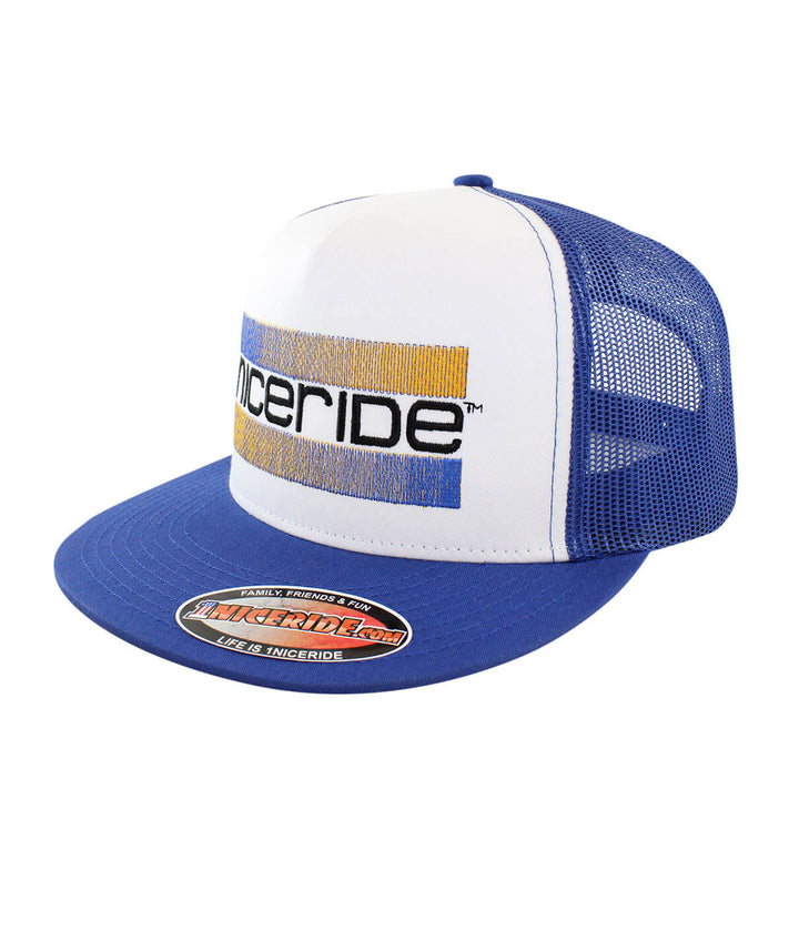 Royal Blue Trucker Hat with NICERIDE design, perfect for stylish casual wear, featuring the word &