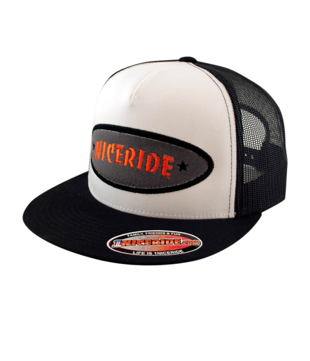 Shield - Charcoal/Orange trucker hat with NICERIDE design, classic snapback style, made in the USA.