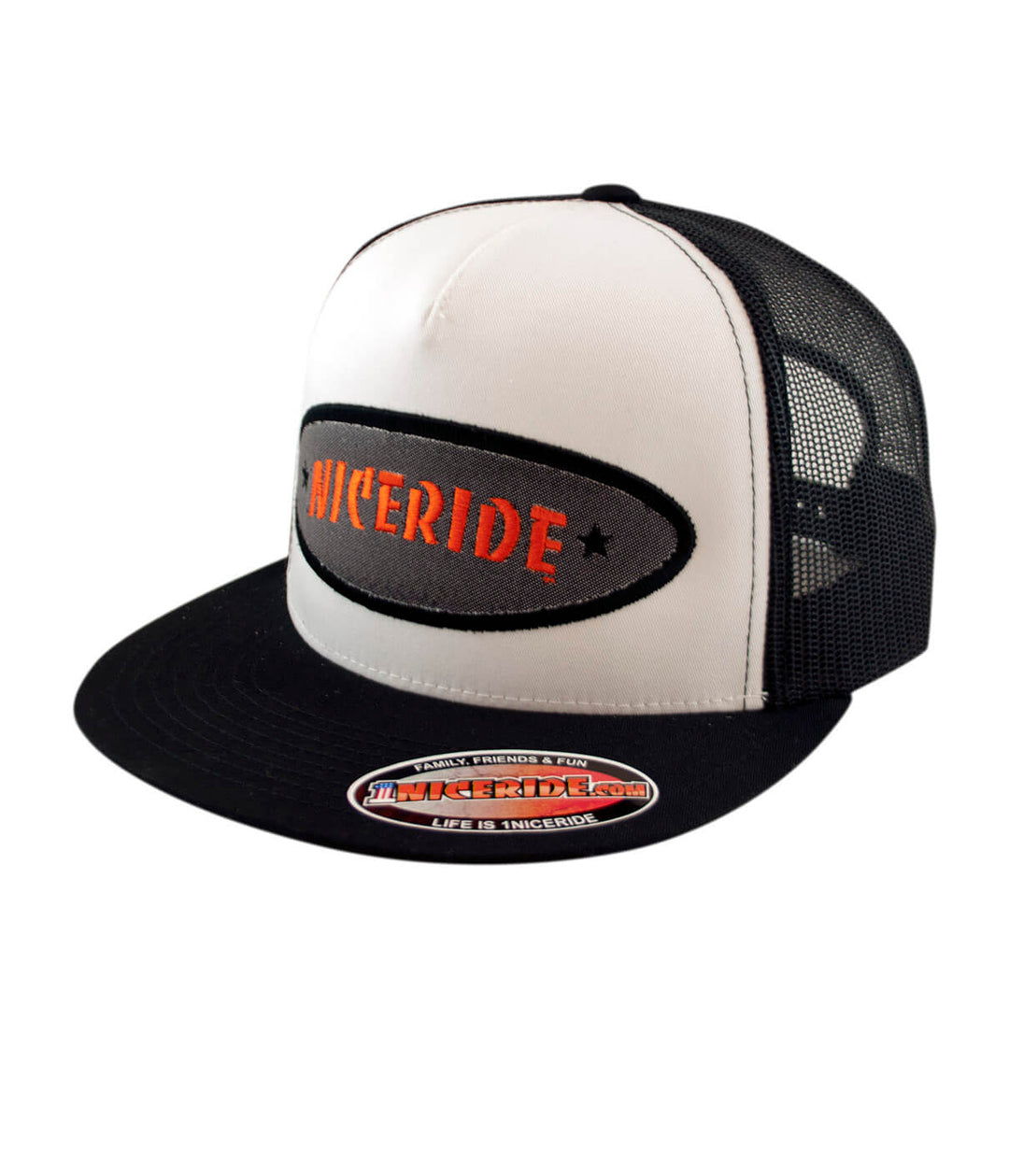 Shield - Charcoal/Orange trucker hat with NICERIDE design, classic snapback style, made in the USA.
