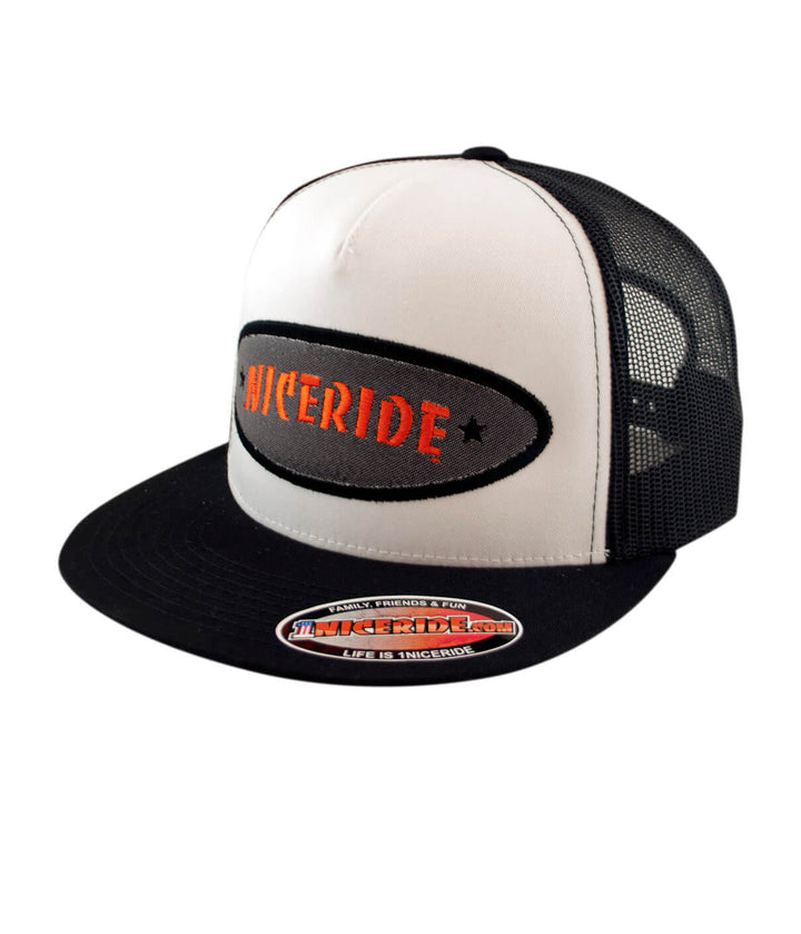 Shield - Charcoal/Orange trucker hat with NICERIDE design, classic snapback style, made in the USA.