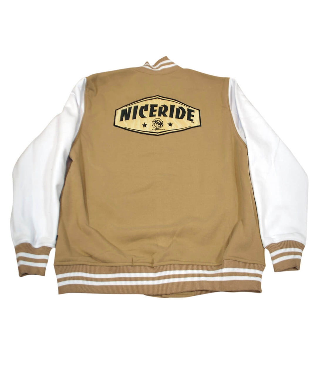 Back view of the NICERIDE Grease Lightning jacket with logo on a varsity style design.