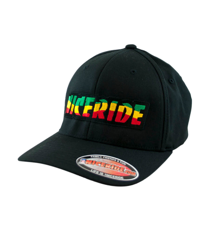 Island Vibe Classic Flexfit Hat featuring NICERIDE logo in rasta colors, perfect hat for stylish casual wear.