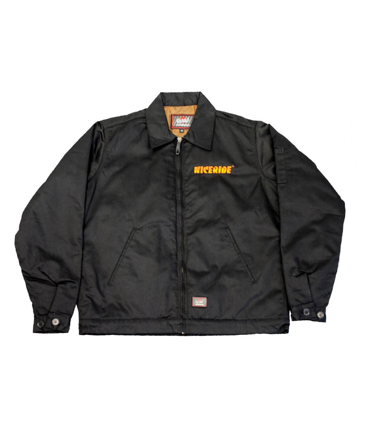 One NICERIDE jacket, a black canvas zip-up with embroidered details, fully lined and insulated.