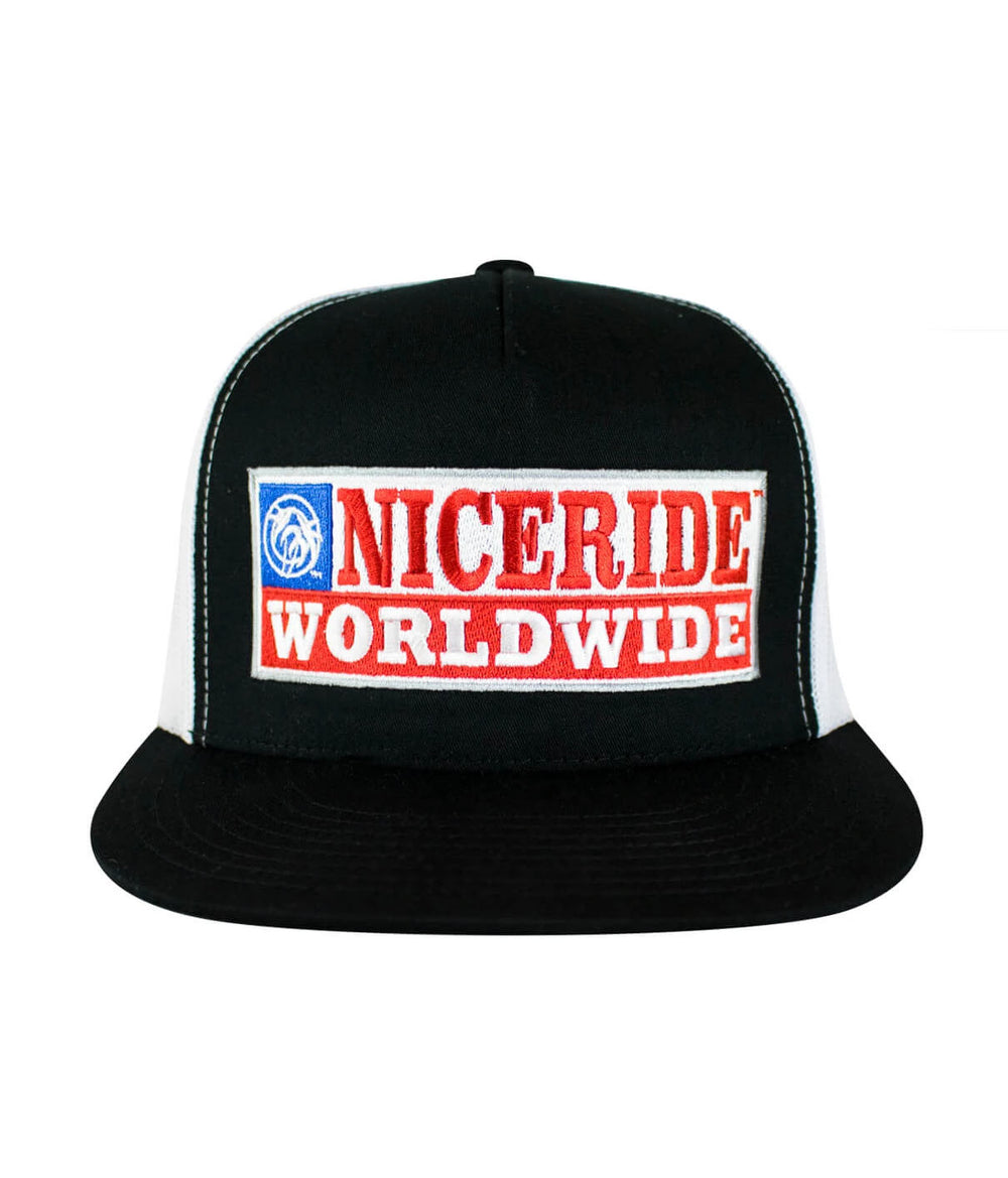 Nashville Trucker Hat, NICERIDE Worldwide design, classic snapback hat, embroidered front panel, palm logo on back.