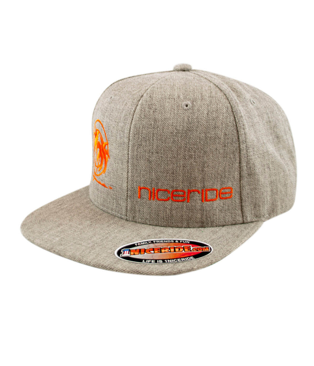 Palm Tower Heather Grey Snapback Hat, a classic hat with NICERIDE logo, designed and embroidered in the USA.