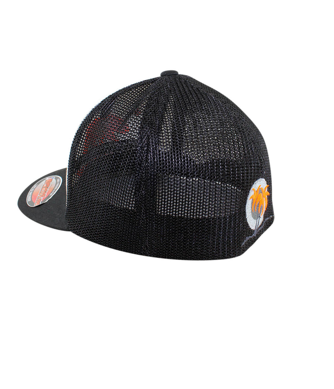 Hang 20 neon orange meshback Flexfit hat showcasing blacked out palm logo on the back, perfect summer hat.