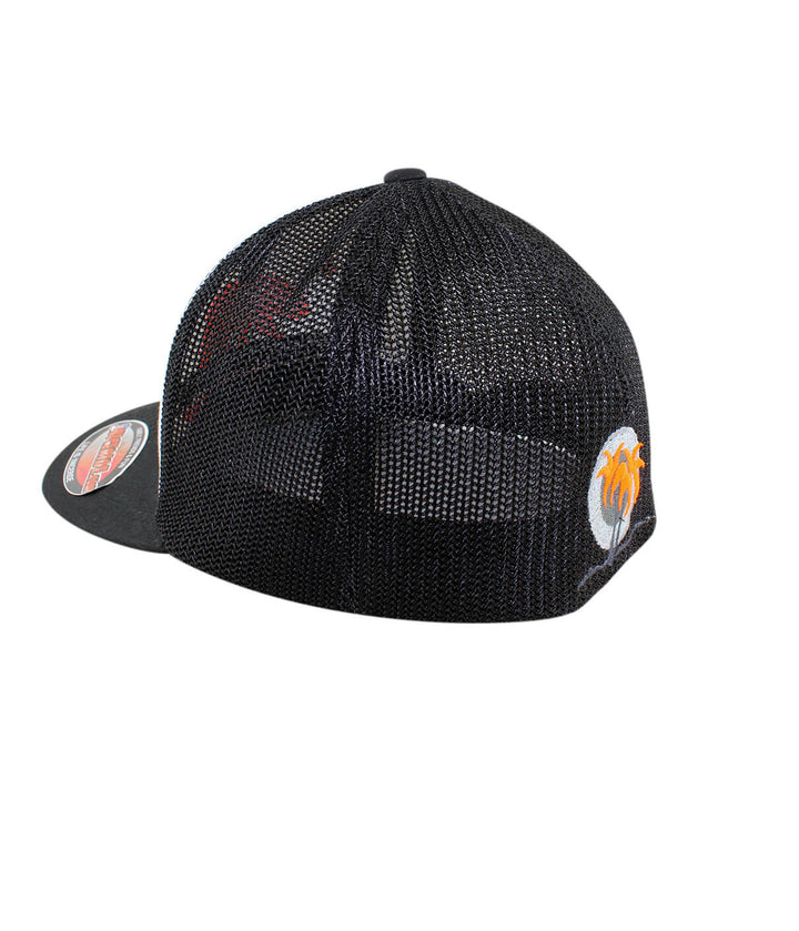 Hang 20 neon orange meshback Flexfit hat showcasing blacked out palm logo on the back, perfect summer hat.